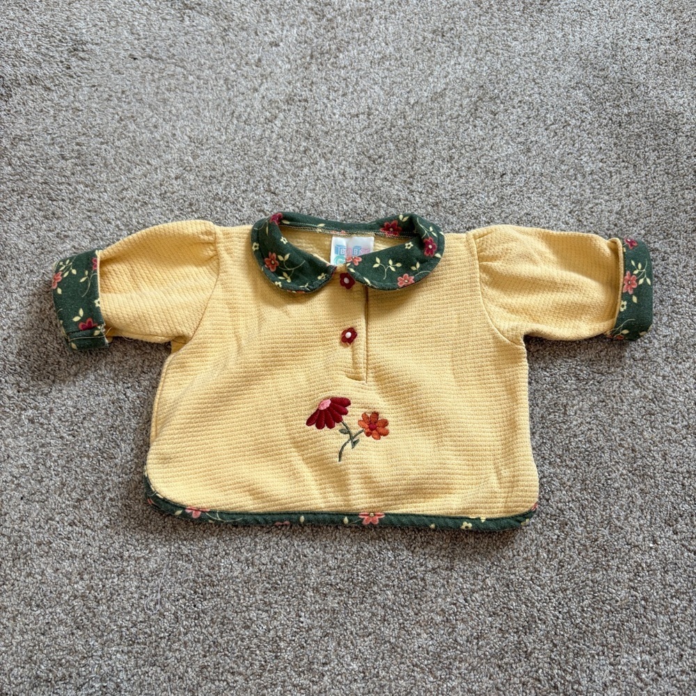 Vintage 90s Baby Girl Collar Long Sleeve Top Baby Gro Flower Embroidered Size 9m